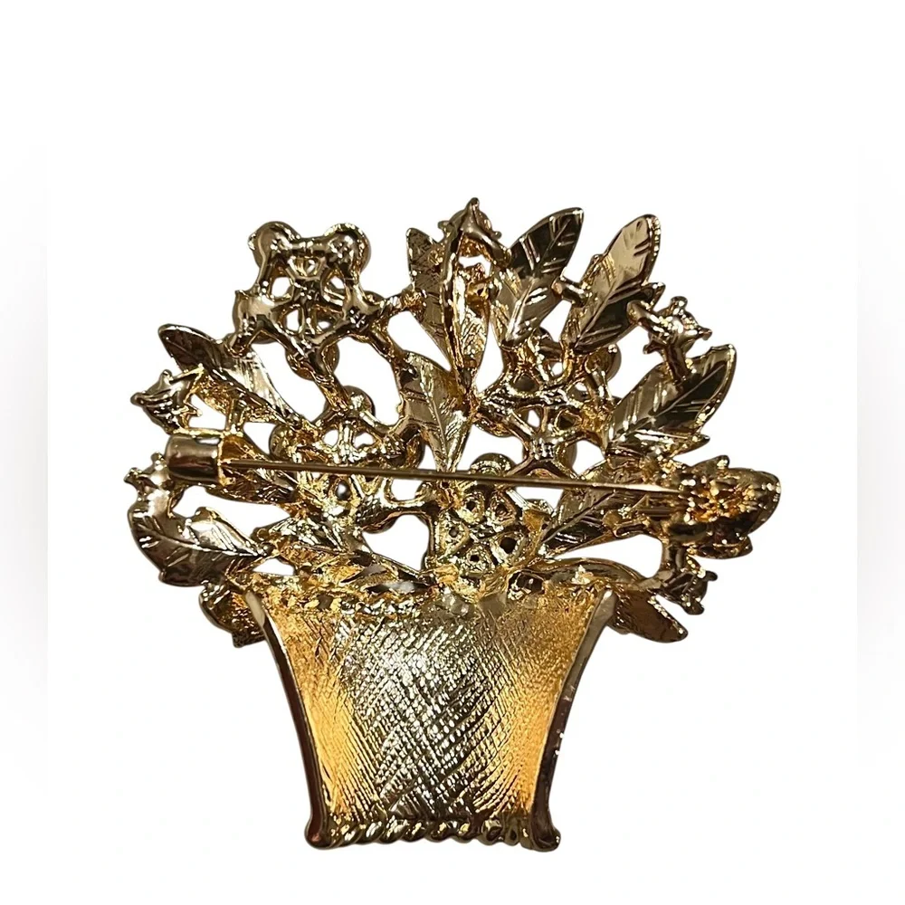 Vintage Style Pink Basket Brooch with Faux Pearl Flowers & AB Crystals